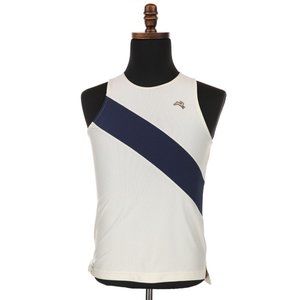 Tracksmith White Tank Top with Navy Diagonal Stripe